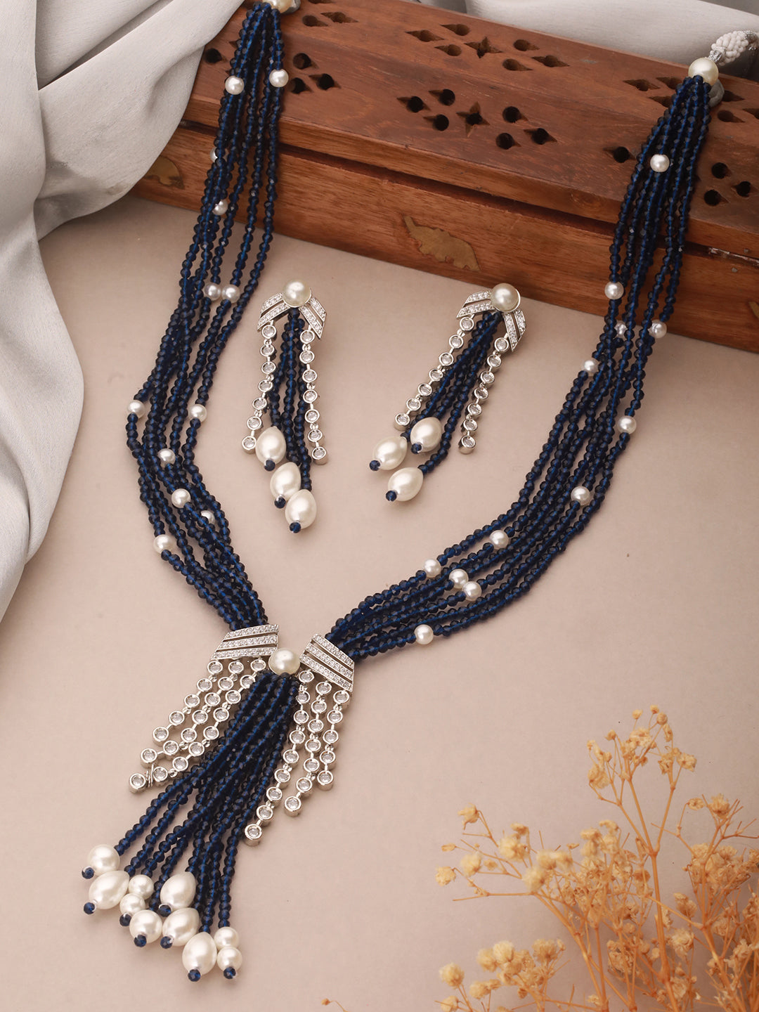 Silver Rhodium Plated Blue & White Pearls Multilayered Designer Maala Jewellery Set